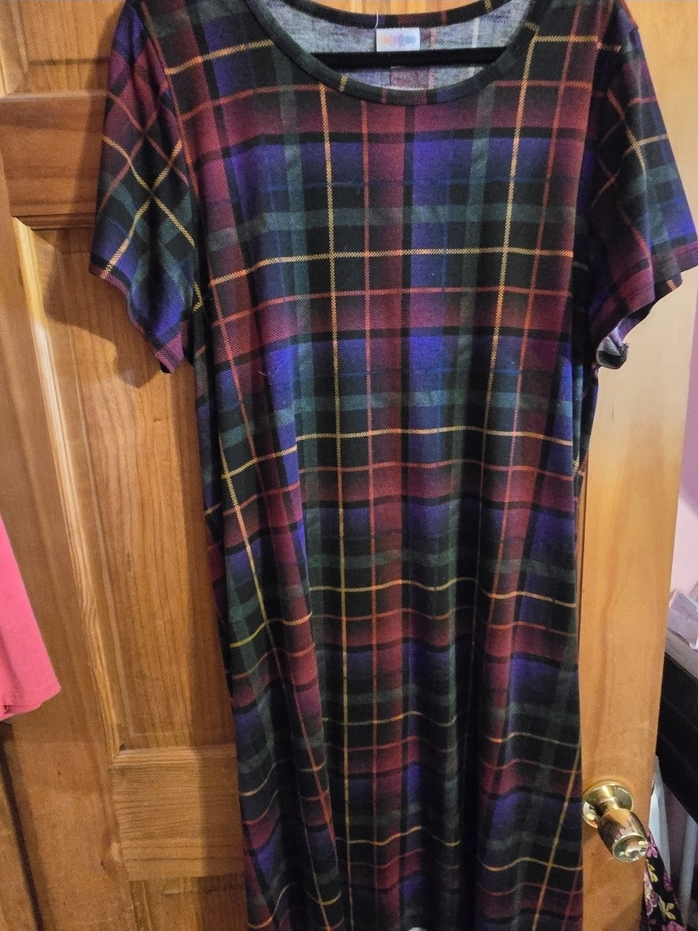 LuLaRoe Plaid Knit Dress in Maroon, Green, Purple